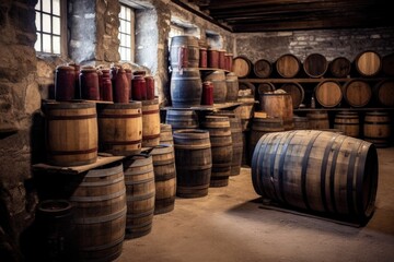 vintage barrels stacked in a historic distillery, created with generative ai