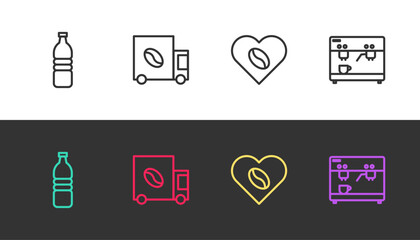 Set line Bottle of water, Coffee street truck machine, Lovers and on black and white. Vector