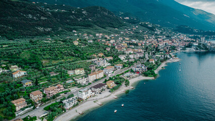 Lago de Garda. Drone areal view. Mountains and lake nature view.