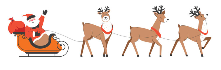 Santa Claus riding on sled with xmas reindeers