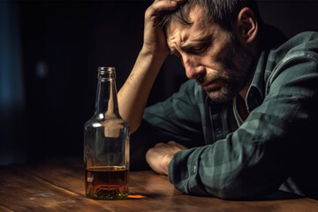 Drinking or alcohol abuse problem. Man sitting at desk with alcoholic drink, looking tired and sad. Generative AI - obrazy, fototapety, plakaty