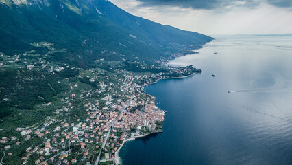 Lago de Garda. Drone areal view. Mountains and lake nature view.