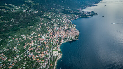 Lago de Garda. Drone areal view. Mountains and lake nature view.