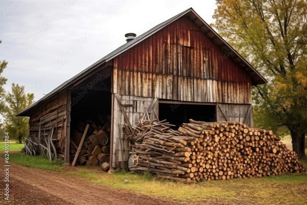 Sticker chopped firewood stacked neatly against a rustic barn, created with generative ai