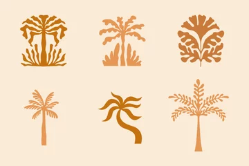 Poster Vector logo and print design templates, summer palms, tropical hand drawn illustrations, tropical surfing concept, vacation and travel, palm trees and hippie boho elements © venimo