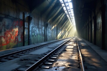 Fototapeta na wymiar subway tunnel with dramatic shadows and light reflections, created with generative ai