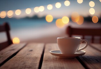 Obraz premium Beautiful beach background with wooden table. Close up of white coffee cup and outdoor blissful blue