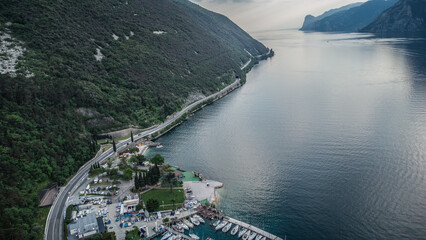Lago de Garda. Drone areal view. Mountains and lake nature view.