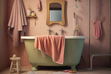 baby bathtub with a cute bathrobe hanging nearby, created with generative ai