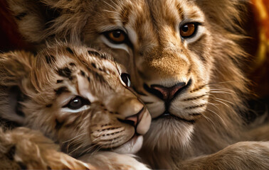 Portrait of a lion and a cub created with Generative AI technology