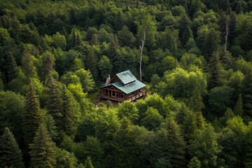 aerial view of a log cabin surrounded by dense forest, created with generative ai