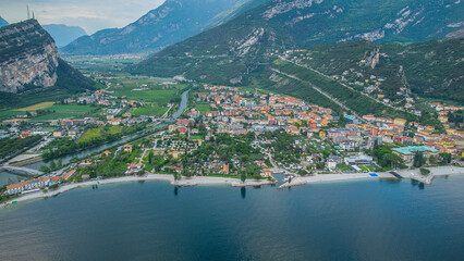 Lago de Garda. Drone areal view. Mountains and lake nature view.