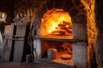 stone oven with open door revealing glowing embers inside, created with generative ai