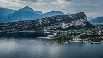 Lago de Garda. Drone areal view. Mountains and lake nature view.