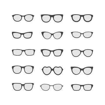 Set of isolated glasses. Vector glasses models icons. Sunglasses, glasses isolated on white background. Silhouettes. Various shapes - stock illustration.