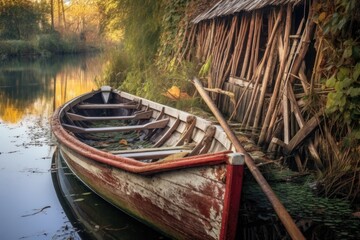 wooden oars leaning against old boat by lake, created with generative ai