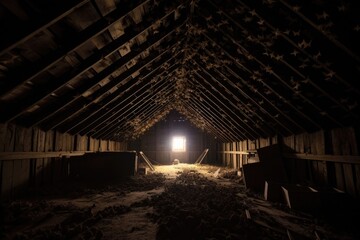 Fototapeta na wymiar wide angle of bat colony in dark attic, created with generative ai
