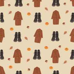 Seamless pattern with autumn clothes. Coat, boots, pumpkin and acorn. Cute fall vector illustration