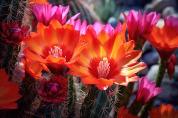 close-up of vibrant desert cactus flowers, created with generative ai