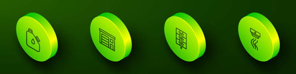 Set Isometric line Canister fuel, Building of fire station, Evacuation plan and Smoke alarm system icon. Vector