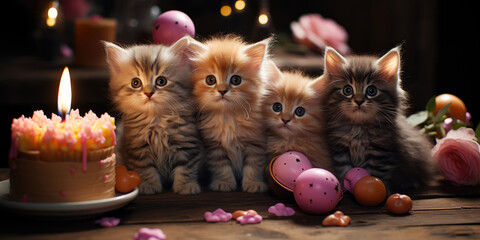funny adaroble cute cats makes a birthday party, photorealistic,Generative ai