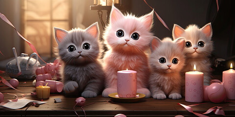 funny adaroble cute cats makes a birthday party, photorealistic,Generative ai - obrazy, fototapety, plakaty