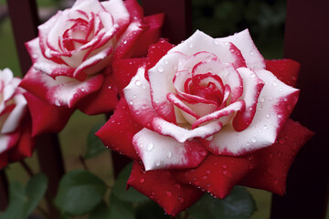 Photo of three beautiful red and white roses glistening with water droplets
