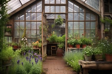 rustic greenhouse surrounded by wildflowers and herbs, created with generative ai