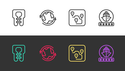 Set line Life jacket, Worldwide, Route location and Cruise ship on black and white. Vector