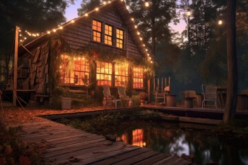 cabin lit up with string lights in the evening, created with generative ai