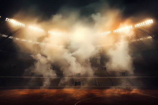 real empty Bright stadium arena with lights and smoke ,big stadium bulbs festival event advertising concept - Generative AI - Powered by Adobe
