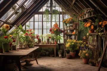 rustic greenhouse with colorful flowers inside, created with generative ai