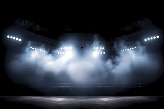 real empty Bright stadium arena with lights and smoke ,big stadium bulbs festival event advertising concept - Generative AI - Powered by Adobe
