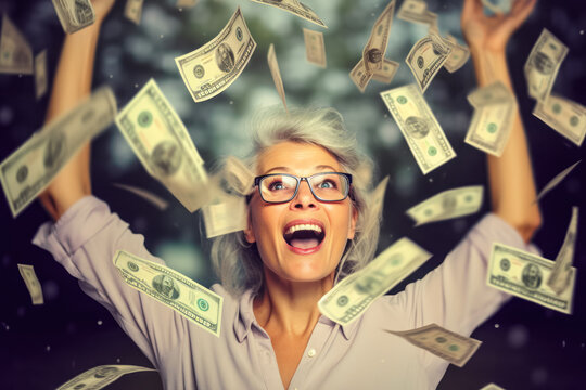 Winning A Lottery Concept. Smiling Older Woman With Gray Hair, Happy Expression, Mouth Open Of Excitement - Money Banknotes Flying In Air Around. Generative AI