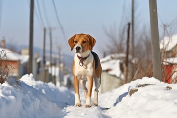 beagle walking through snow, nose down, following scent, created with generative ai
