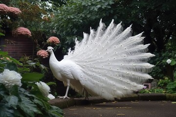 albino peacock displaying feathers in garden, created with generative ai © Alfazet Chronicles