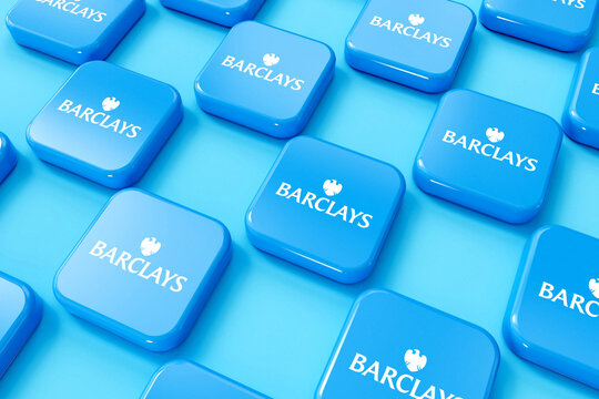 LONDON, UK - July 2023: Barclays bank blue and white company logo. 3D Rendering