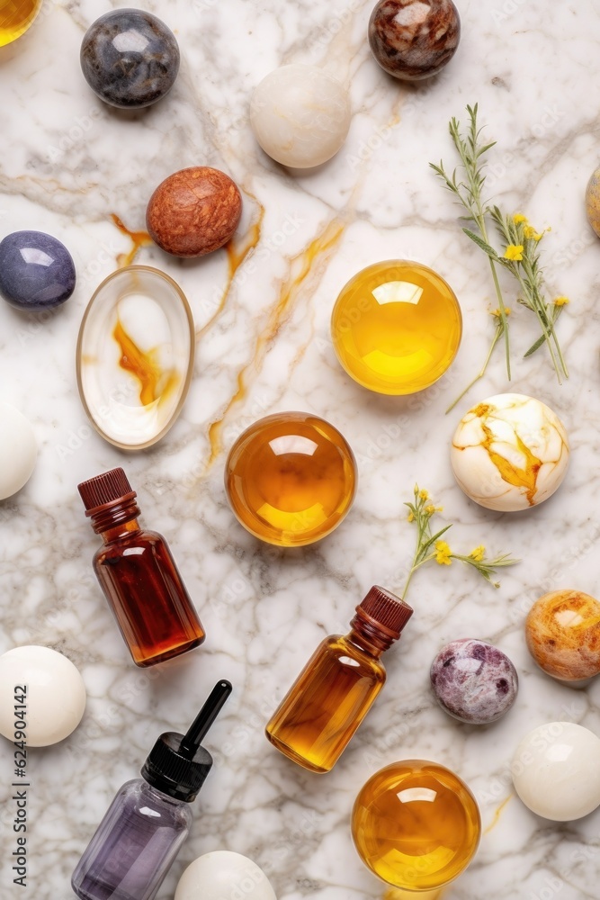 Wall mural set of natural skincare products on a marble surface, created with generative ai