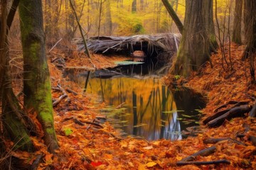 Fototapeta na wymiar beaver dam in autumn with colorful foliage, created with generative ai