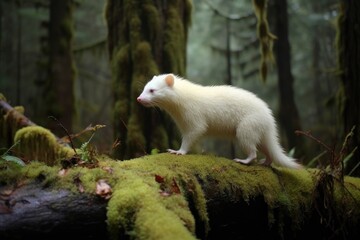 albino raccoon foraging for food in the woods, created with generative ai