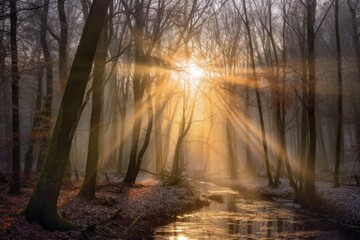 Obraz premium sun rays breaking through misty winter forest, created with generative ai