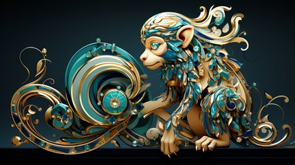 Abstract illustration of enameled monkey with Art Nevue pattern. Made with Generative AI.