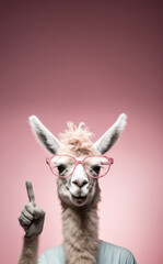 Obraz premium Funny alpaca llama with glasses, smiling, pointing finger above, to empty copy space vertical banner. Generative AI