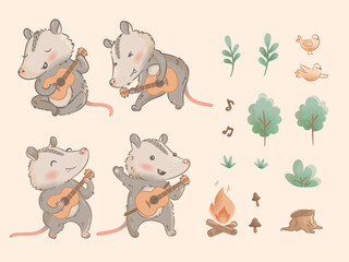 Cute Vector illustration opossum with guitar in the forest, wild. Concert. Fireplace. Vector cards, invitation, clipart for children. Sticker, pattern design. Kids design for fabric, textile, decor