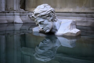 reflection of unfinished marble statue in water, created with generative ai