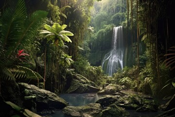 waterfall cascading through tropical jungle, created with generative ai