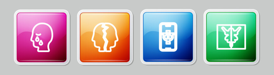 Set line Man graves funeral sorrow, Bipolar disorder, Psychologist online and Rorschach test. Colorful square button. Vector