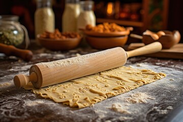 Fototapeta na wymiar rolling out pasta dough with a wooden rolling pin, created with generative ai
