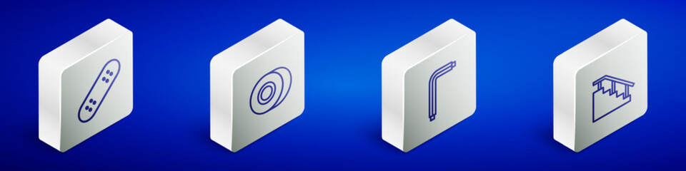 Set Isometric line Skateboard, wheel, Tool allen keys and stairs with rail icon. Vector