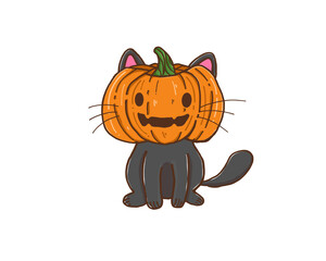 Cute pumpkin head face grey black cat Halloween hand draw illustration 